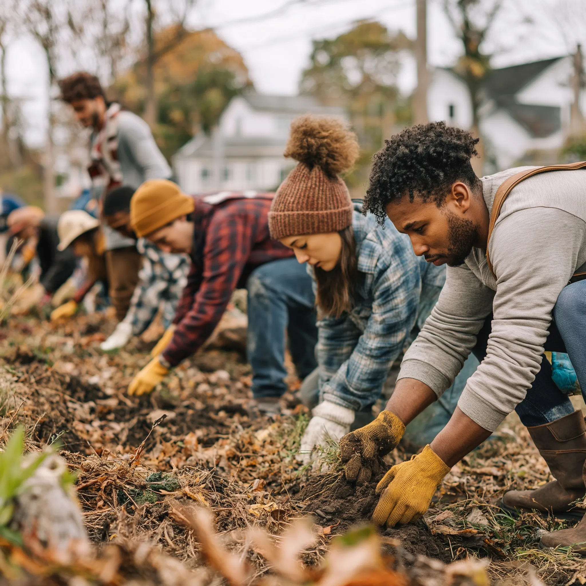Diverse volunteers planting trees together in a forest during autumn, candid outdoor environmental activity.