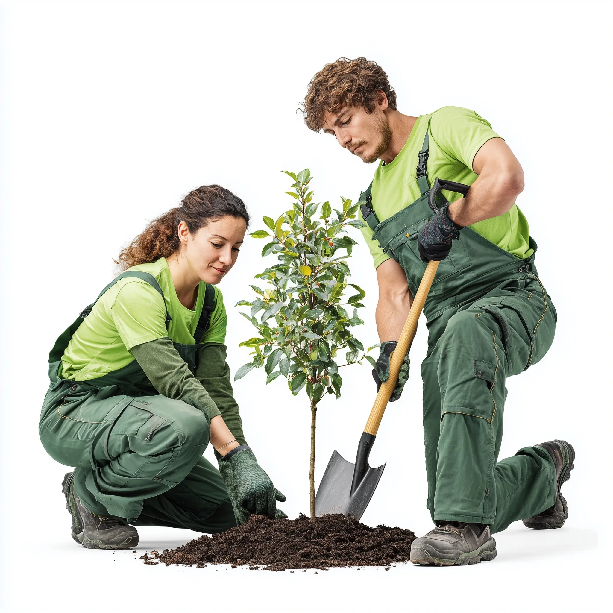 A man and woman in work clothes planting a young tree together in Germany, isolated on a white background.