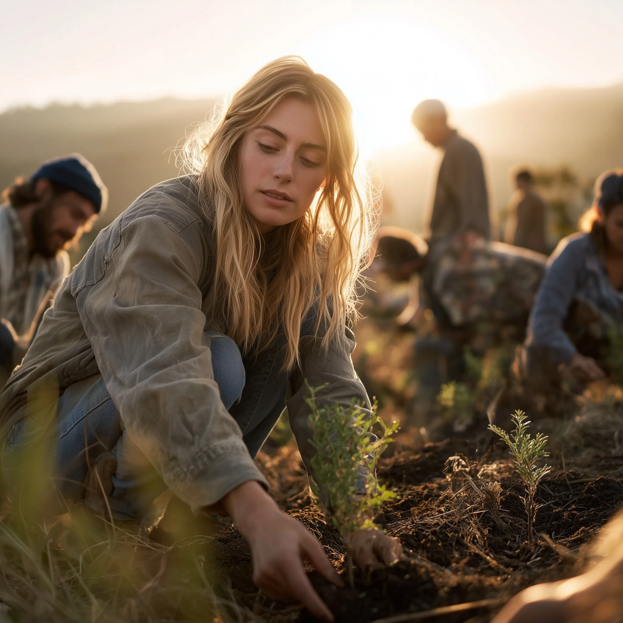 Diverse young volunteers planting tree saplings in rich soil during a cinematic golden hour sunset.