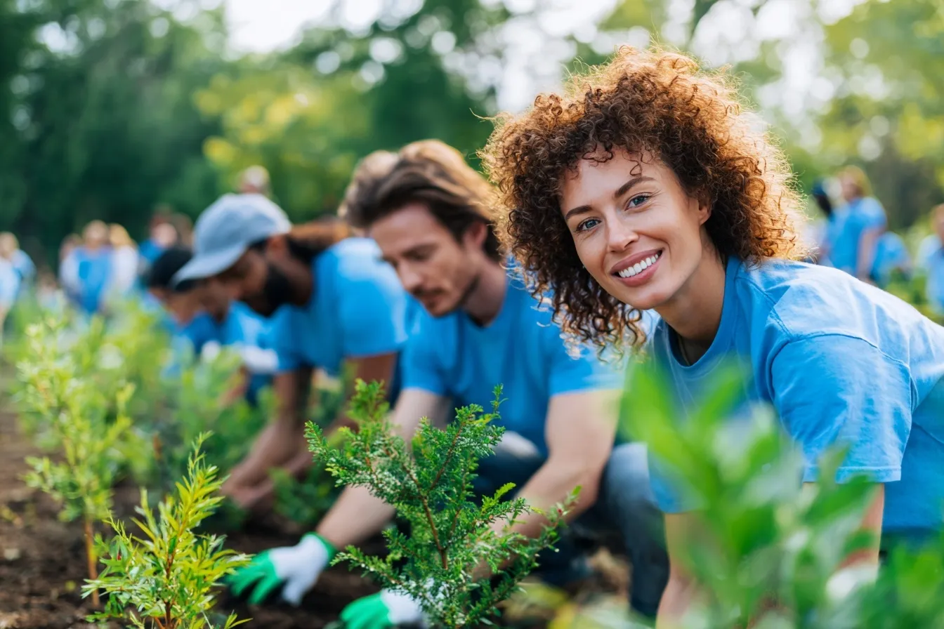 Diverse group of volunteers planting trees in a forest on Earth Day for a sustainable future.