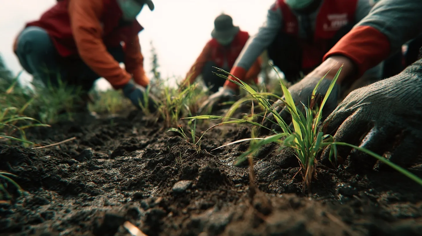 Volunteers in red vests planting trees in soil, restoring land with warm sunlight and fresh green grass.