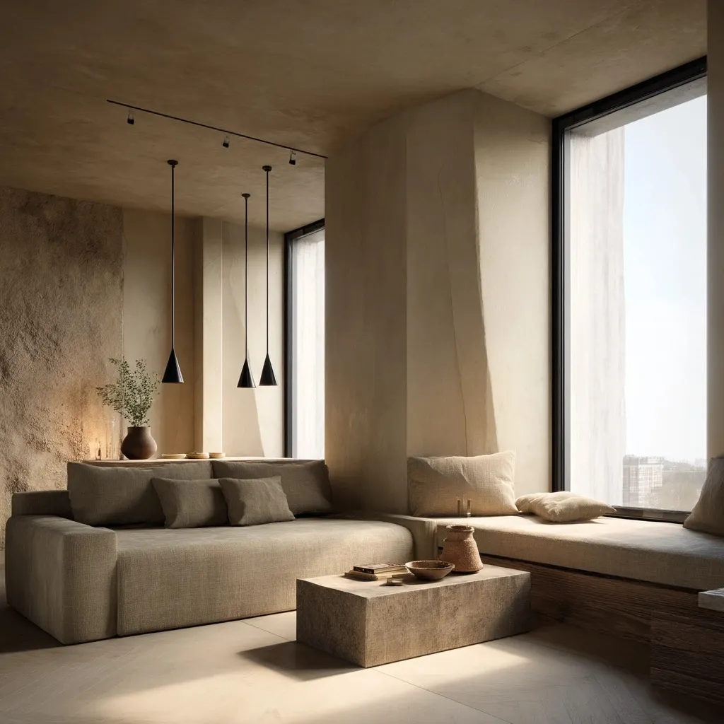 Minimalist Wabi-Sabi living room with beige plaster walls, natural stone, and warm Mediterranean lighting.