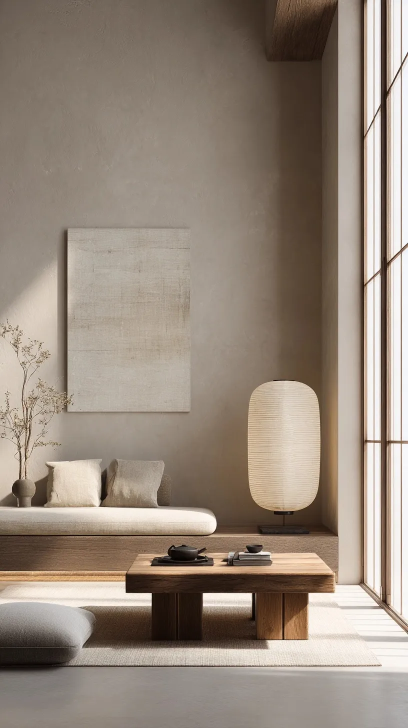 Minimalist Wabi Sabi study room with neutral beige decor, linen fabrics, and Japanese paper lamp in natural light.