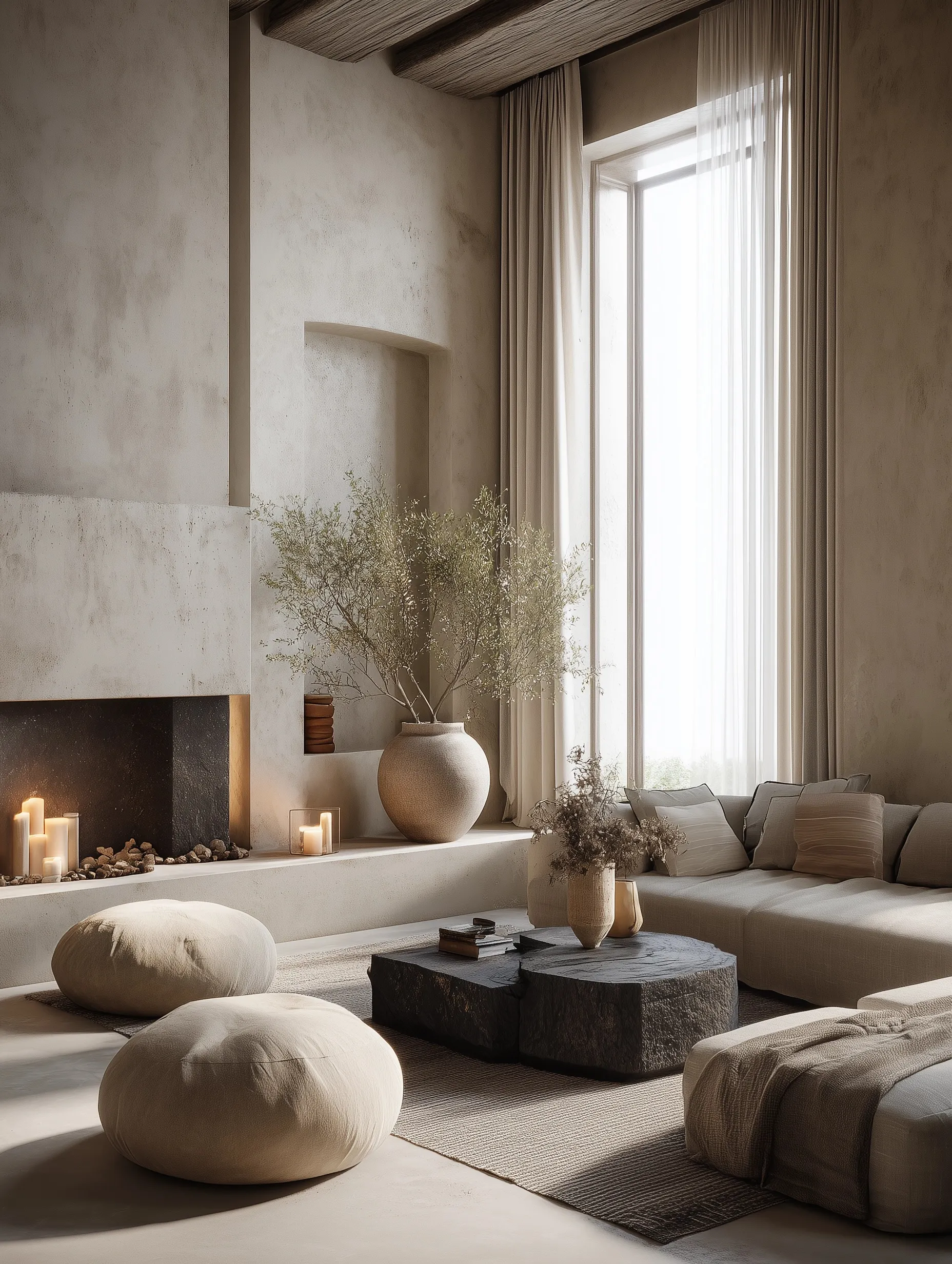 A minimalist wabi-sabi living room featuring natural materials, neutral tones, and soft ambient light.