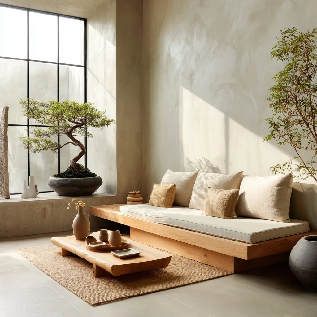 Modern Japandi living room with minimalist wood sofa, natural linen cushions, and bonsai in a serene wabi-sabi home.