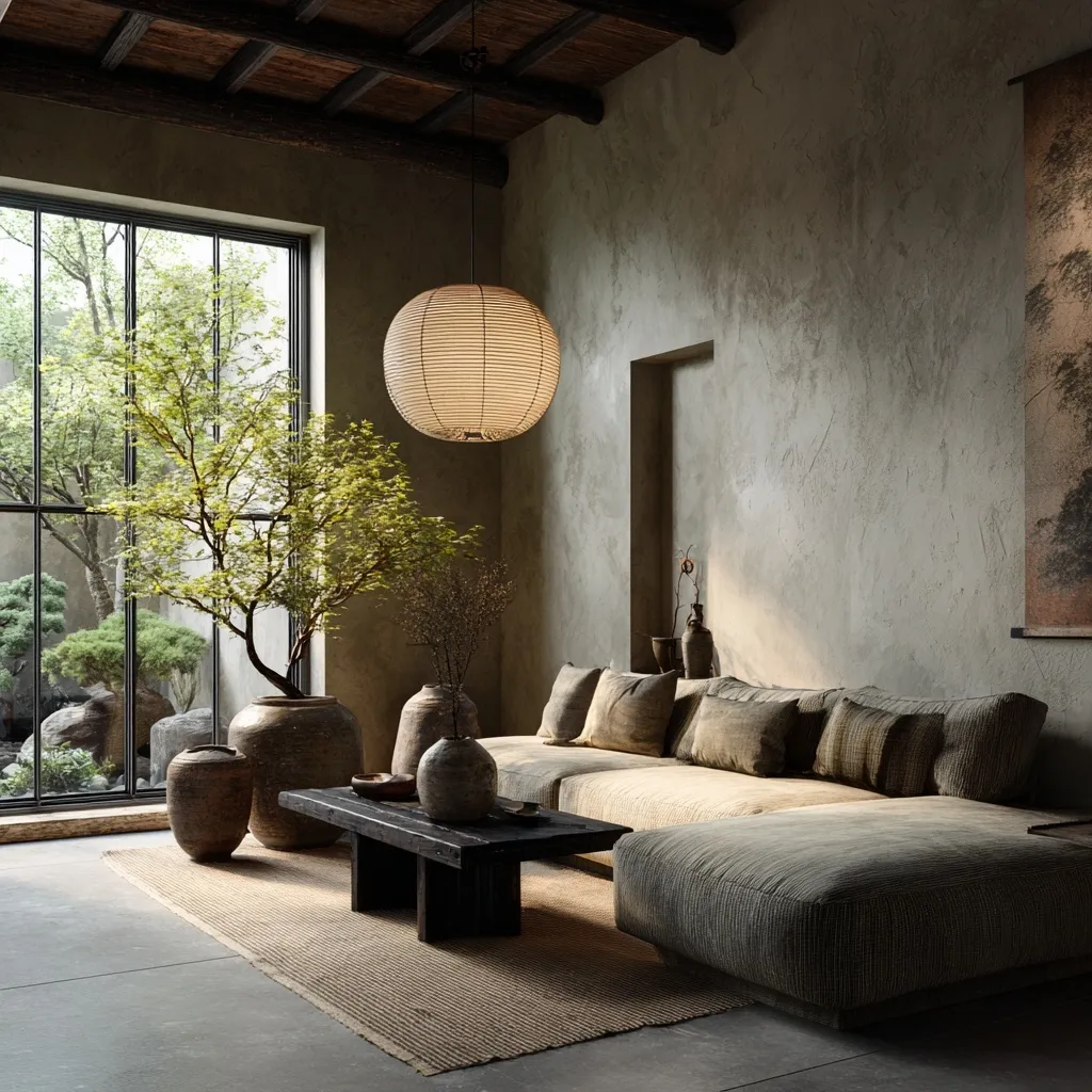 A modern wabi-sabi living room with a minimalist sofa, clay vases, pendant lighting, and a view of a Japanese garden.