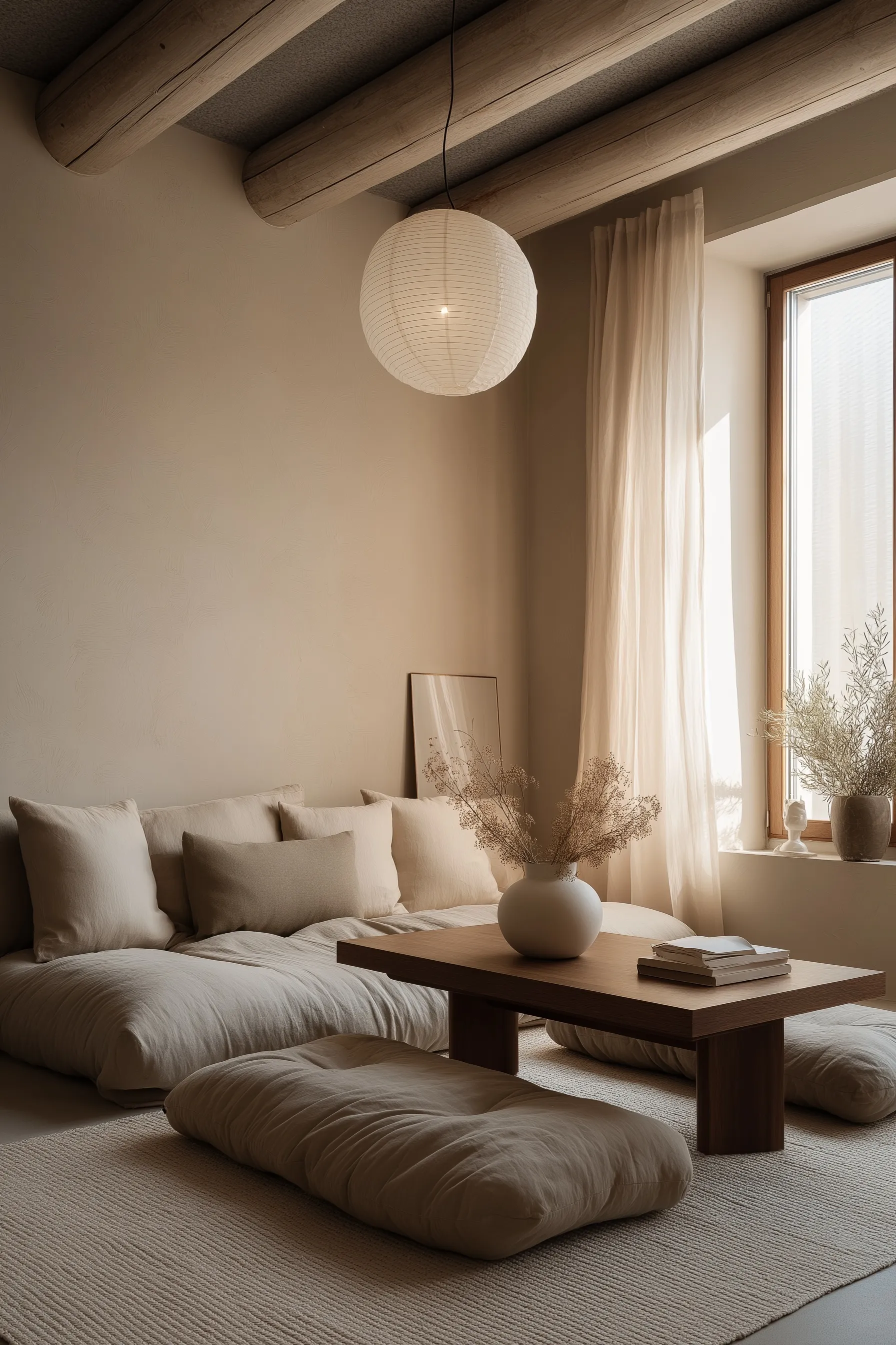 Japandi living room with a low wooden table, floor cushions, and soft paper lantern lighting in a minimalist home.