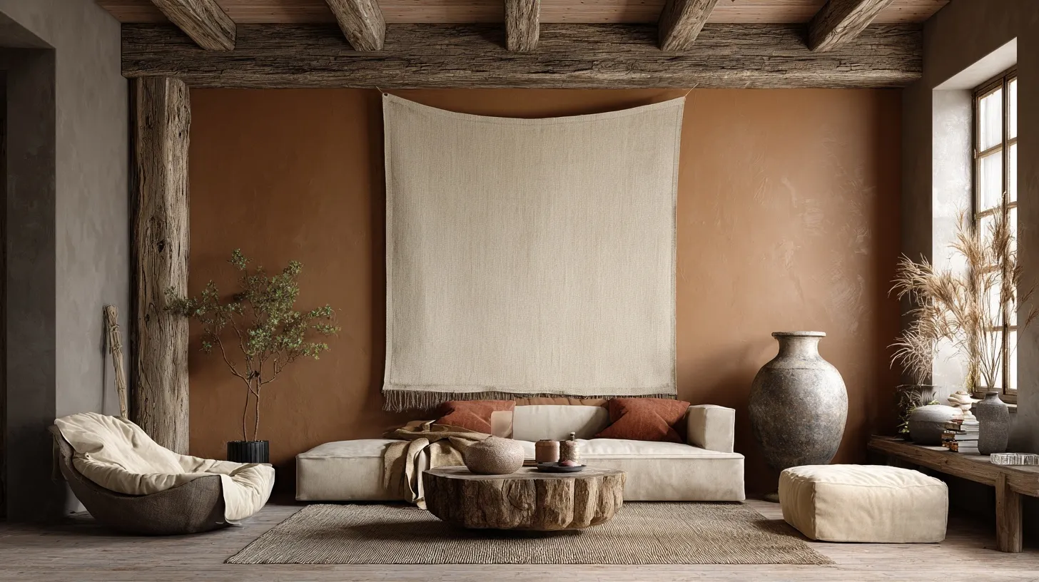 A luxury wabi-sabi living room with beige and terracotta earth tones featuring a large blank linen wall tapestry.
