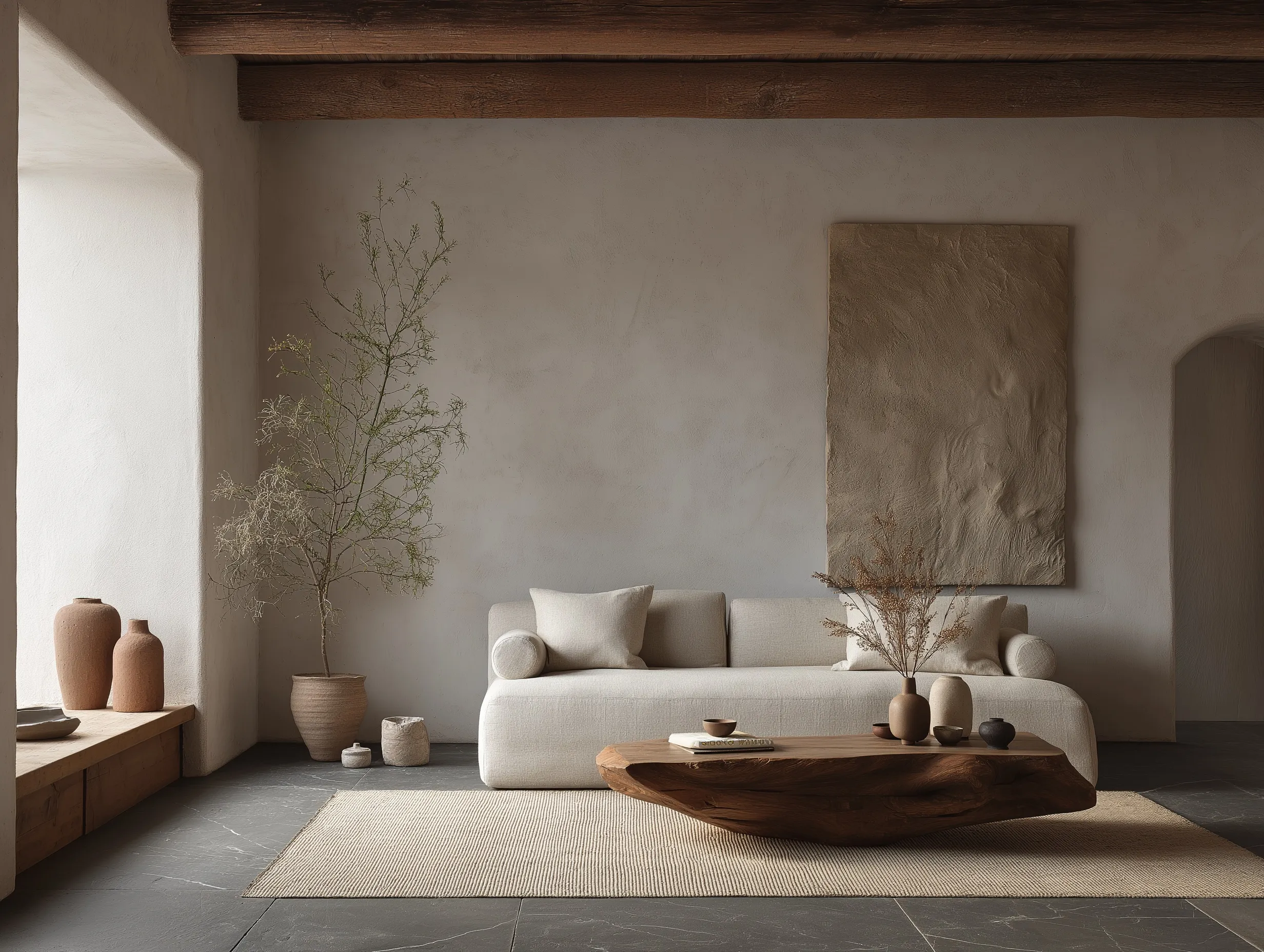 Wabi-sabi living room with raw concrete walls, linen sofa, and organic wooden furniture in earthy tones.