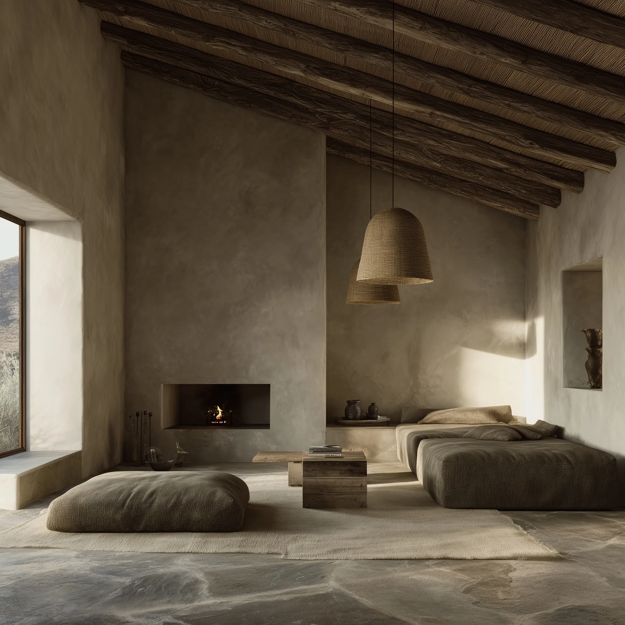 Wabi-sabi living room in a Moroccan mountain house with limewashed walls, stone floors, and warm golden hour light.