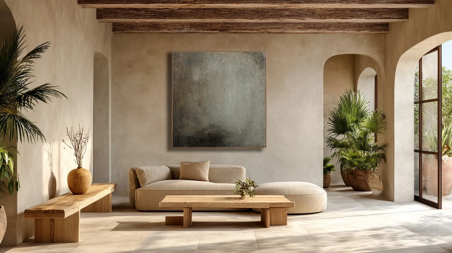 A modern, minimalist Wabi Sabi living room with neutral decor, abstract art, wood textures, and warm natural light.