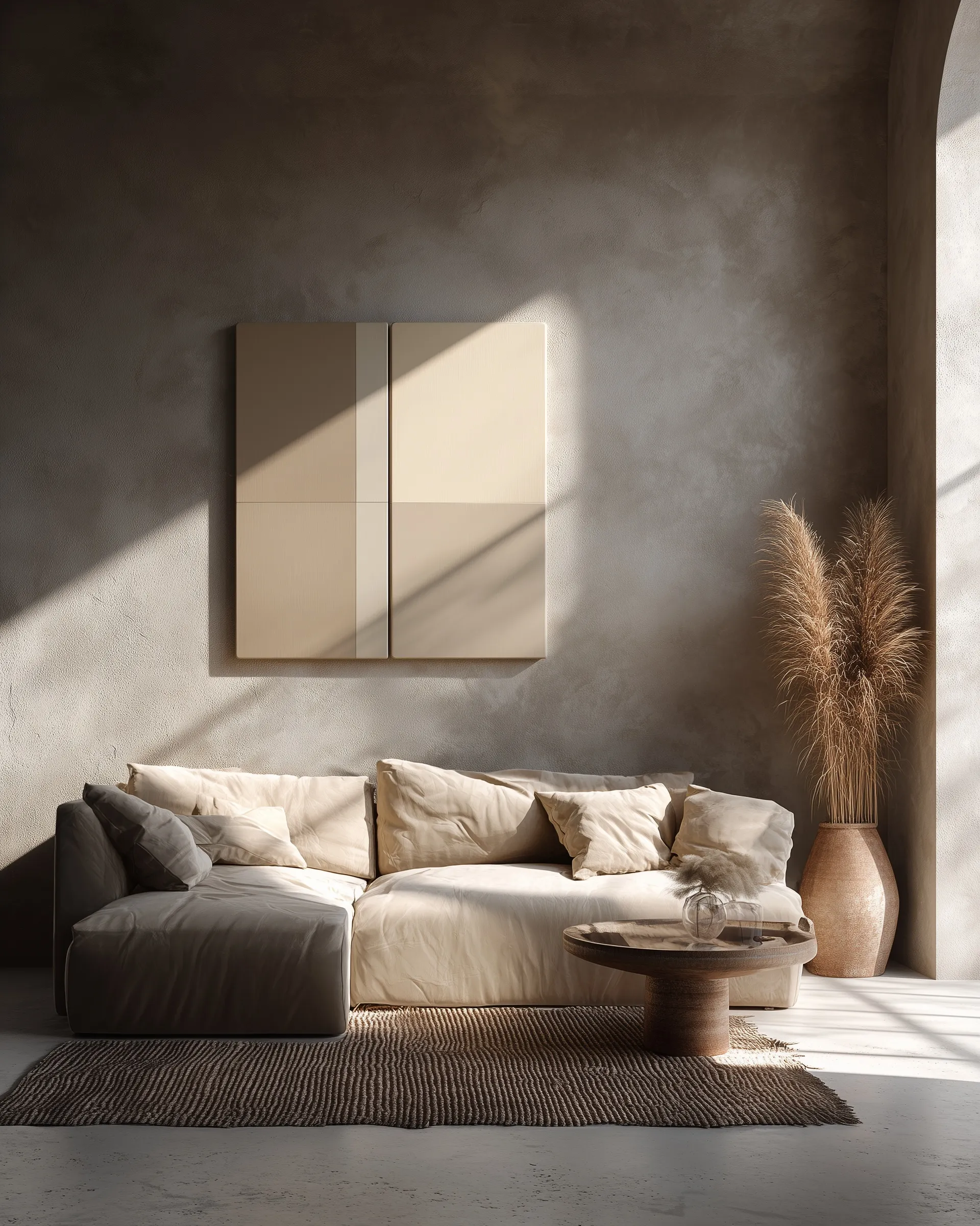 Minimalist wabi-sabi living room with neutral sofa, coffee table, and beige wall art mockup in natural light.