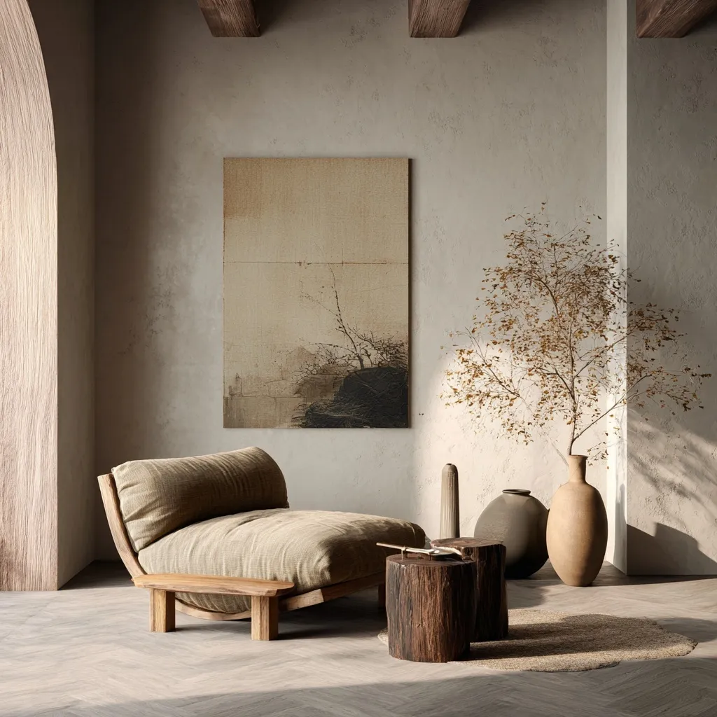 A quiet, minimalist Japandi living room interior featuring a Wabi-Sabi aesthetic with elegant, natural decor.