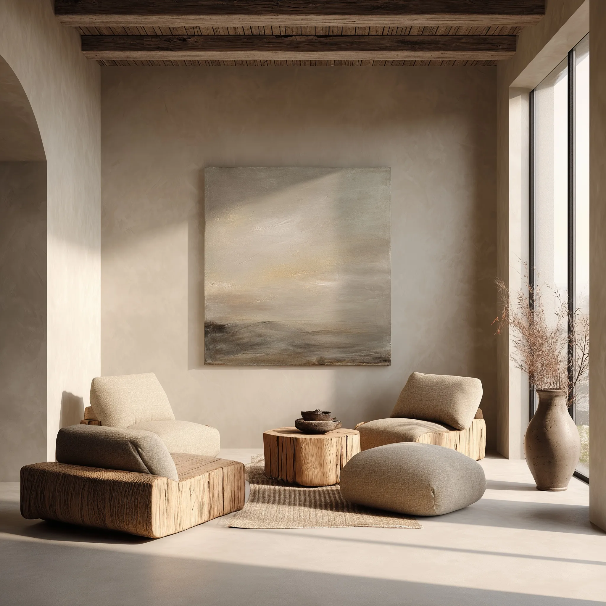 Minimalist luxury wabi-sabi living room with beige microcrete walls, natural furniture, and a square art mockup.