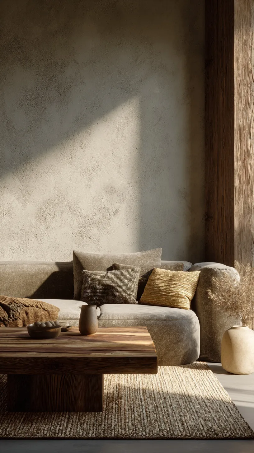 Cozy Wabi-Sabi living room interior with minimalist wooden furniture, neutral linen textures, and soft natural light.