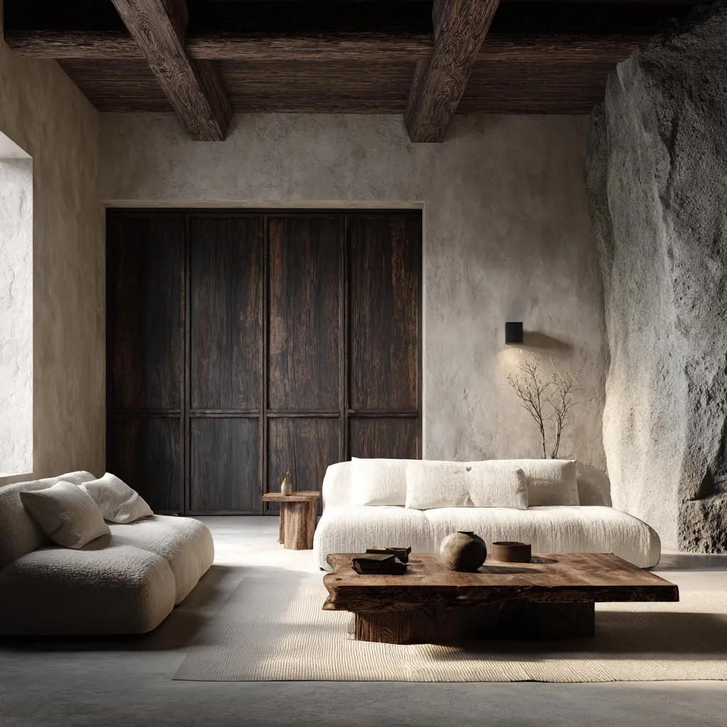 Modern wabi-sabi living room with neutral tones, organic sofa, and natural wood textures in a minimalist interior.