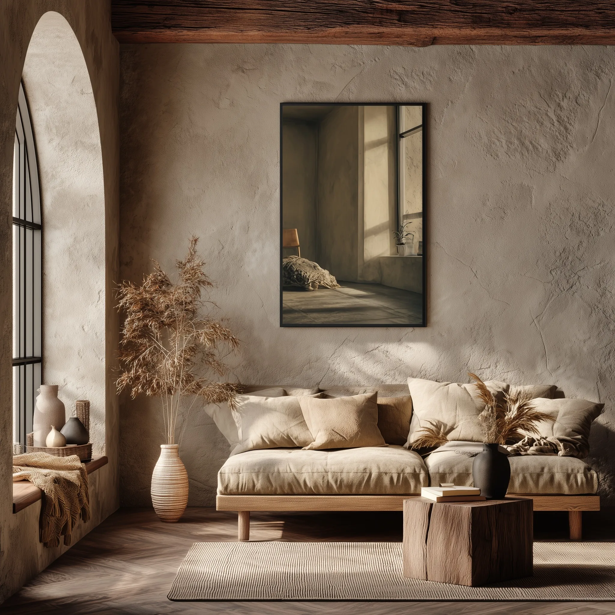 Rustic modern Wabi Sabi living room mockup with blank vertical wall frame and soft natural lighting.