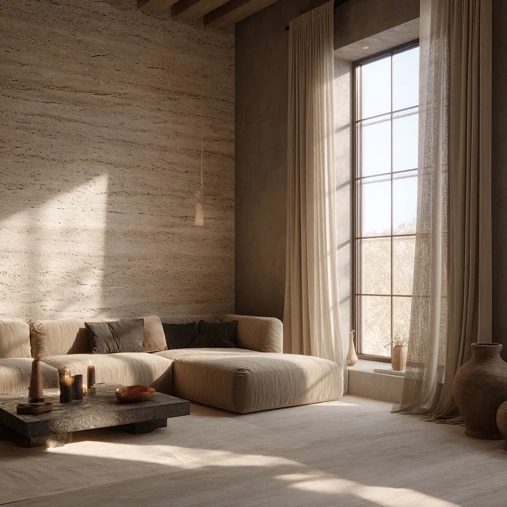 Minimalist living room with travertine walls and linen curtains in warm earthy tones, Wabi-Sabi aesthetic.