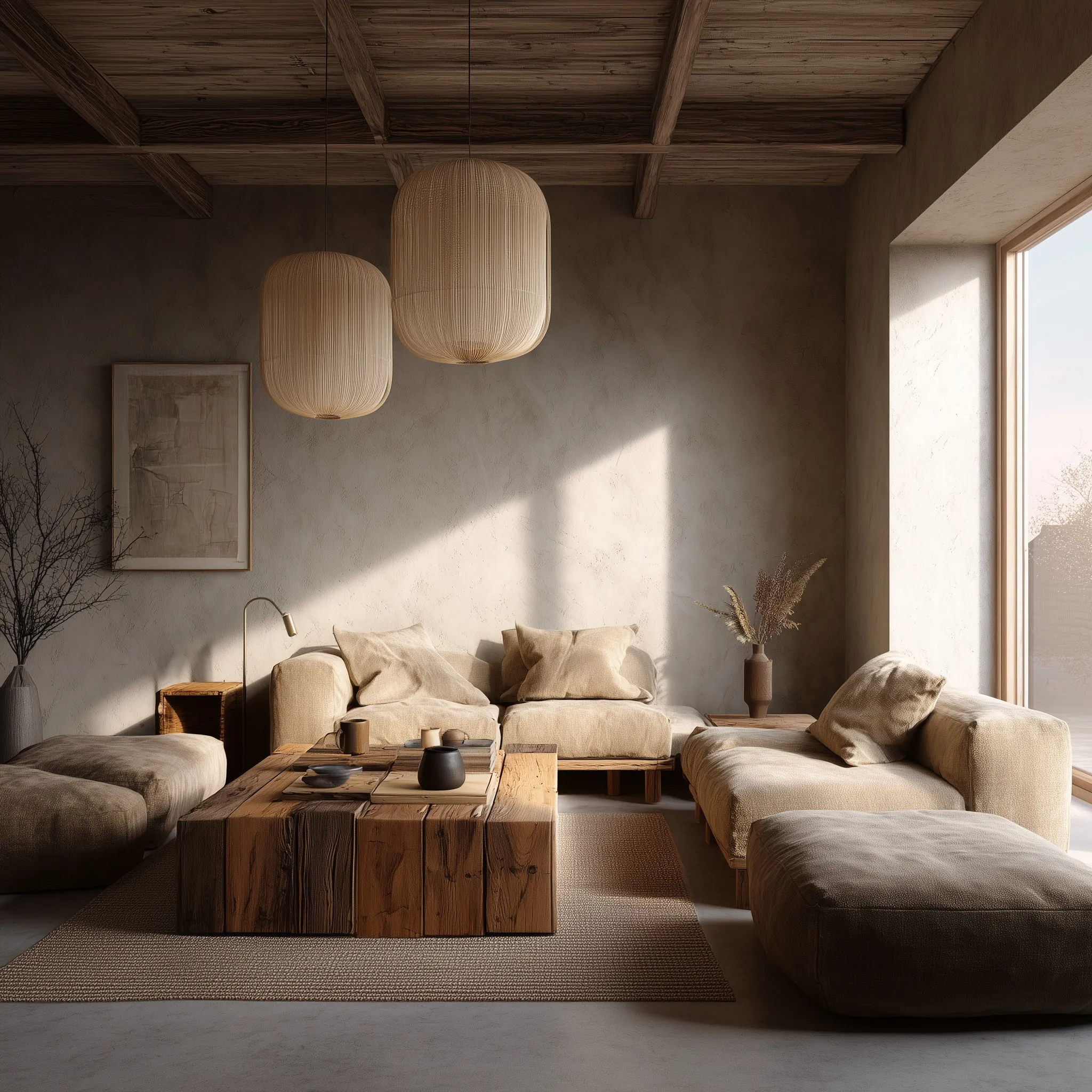 Japandi style living room with natural wood furniture and beige textiles in a cozy, sunlit minimalist interior.
