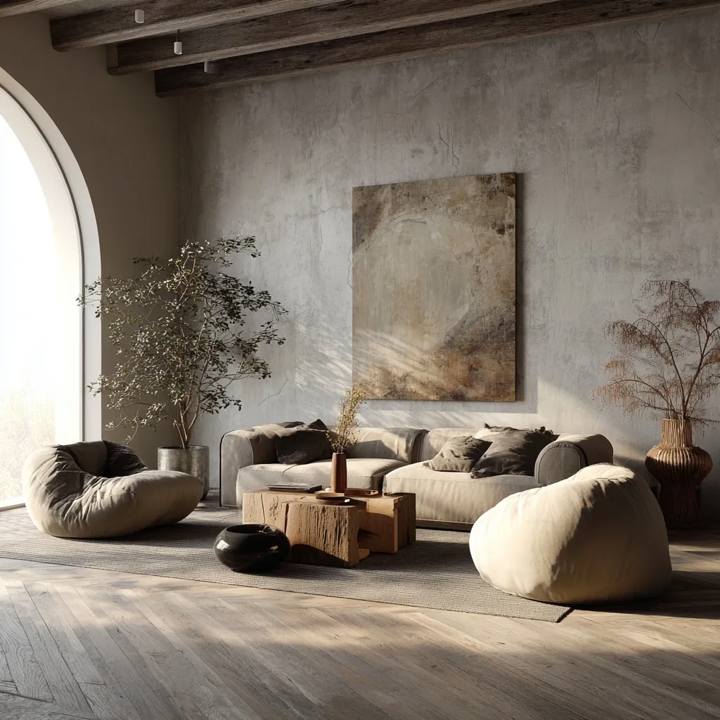 A photorealistic minimalist living room featuring organic wabi-sabi decor, neutral tones, and natural textures.