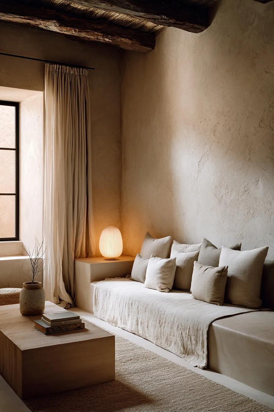 Minimalist Wabi-Sabi living room in an Ibiza villa with lime plaster walls, oak furniture, and dusty rose textiles.