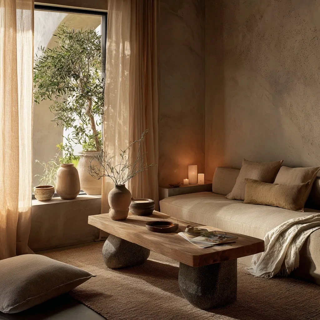 Wabi-sabi living room with linen sofa, natural textures, and indoor plants in a serene, minimalist wellness home.