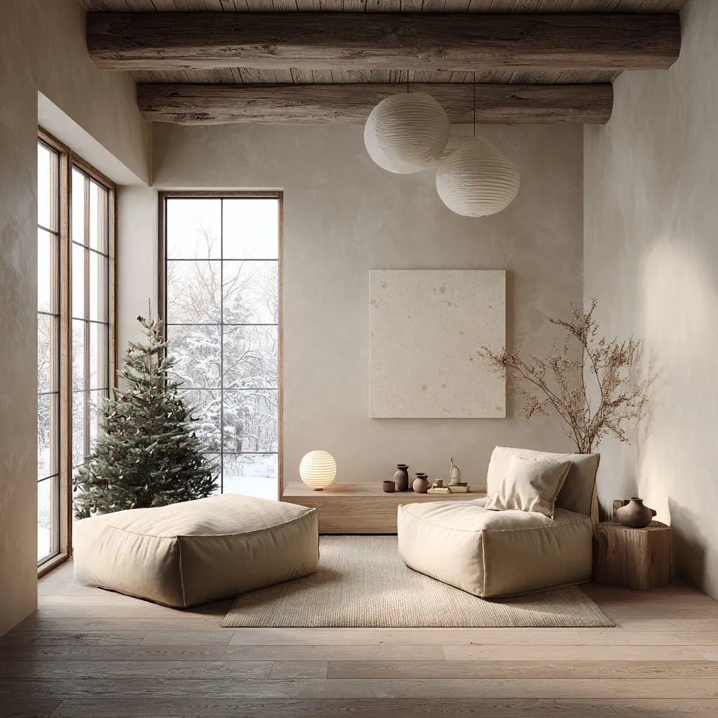 Japandi living room with wabi-sabi decor, white Christmas tree, linen textures, and warm paper lantern lighting.
