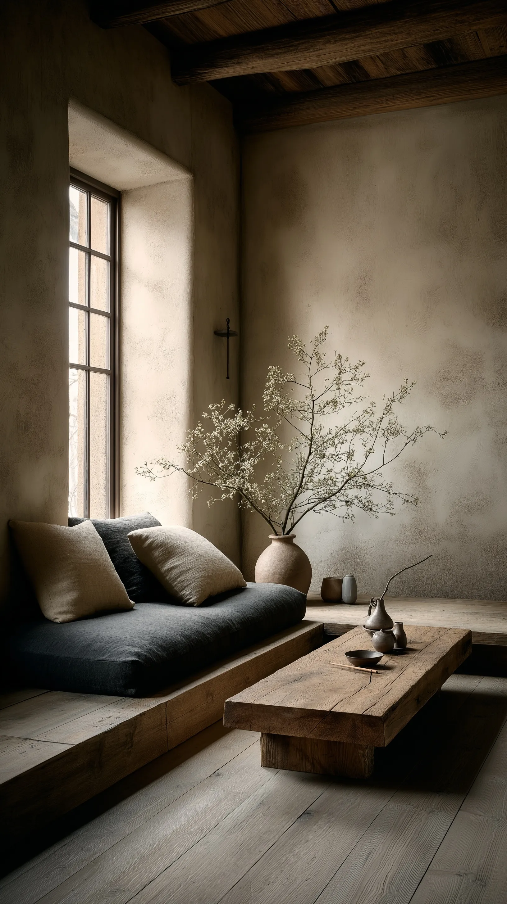 A serene minimalist living room with natural plaster walls, soft daylight, and wabi-sabi inspired decor.