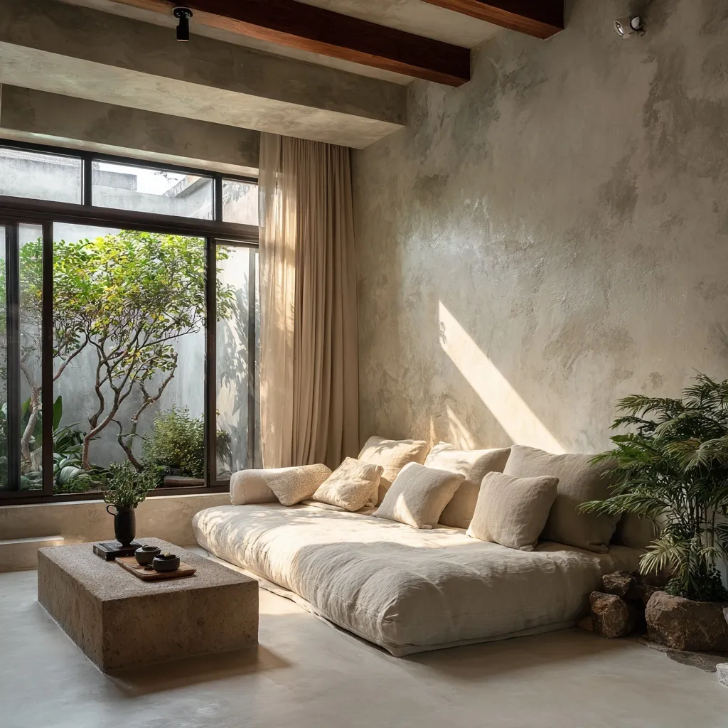 Modern Wabi Sabi living room with beige micro-cement walls, linen sofa, and natural light in a minimalist interior.