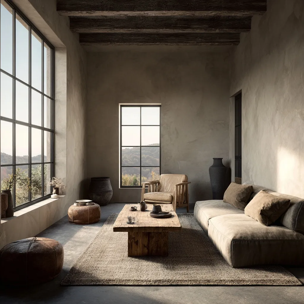Ultra minimalist living room with wabi-sabi aesthetic featuring natural tones and an intimate, serene atmosphere.