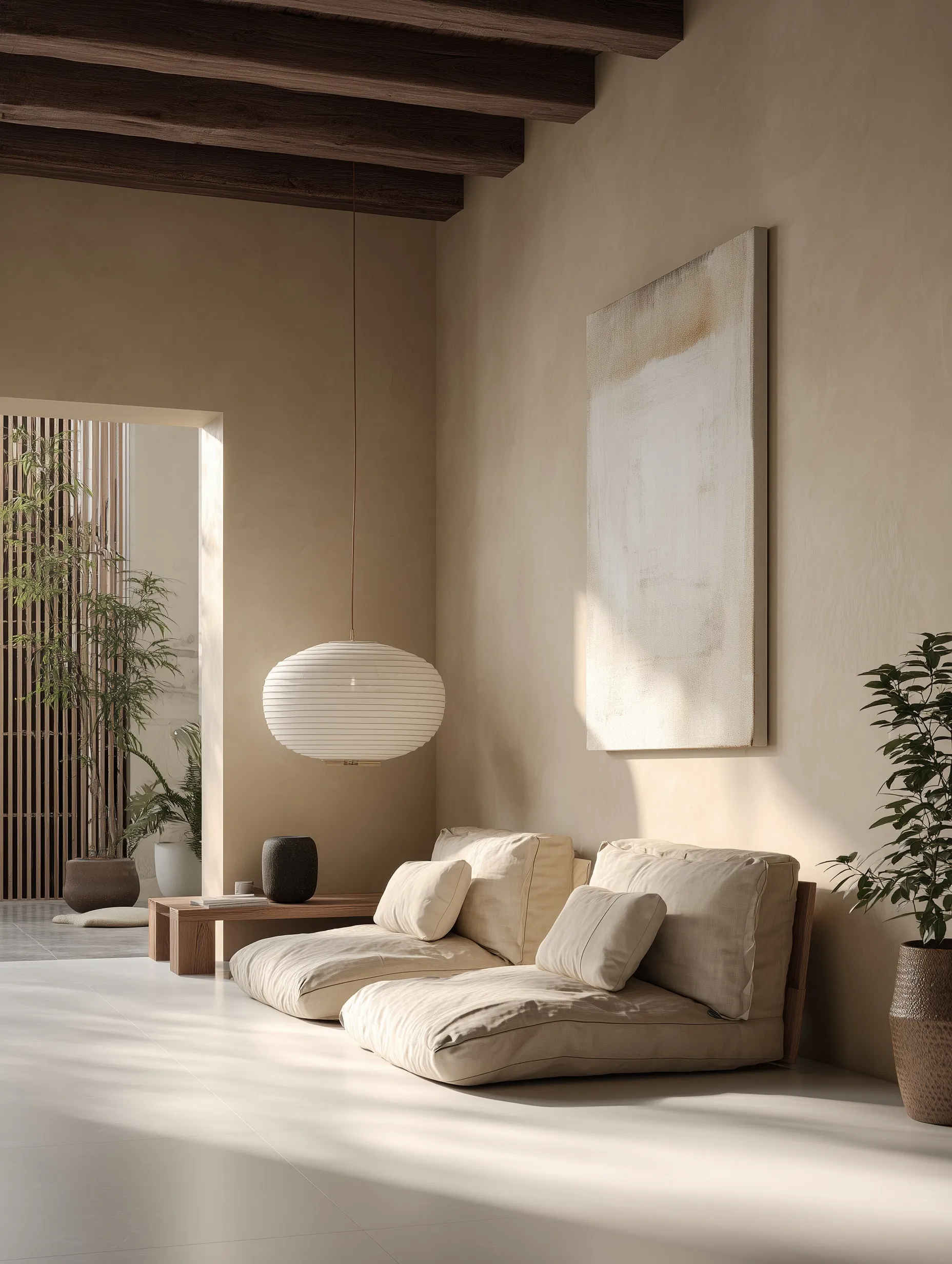 A serene Wabi-Sabi living room with beige linen furniture, minimalist decor, and natural lighting.