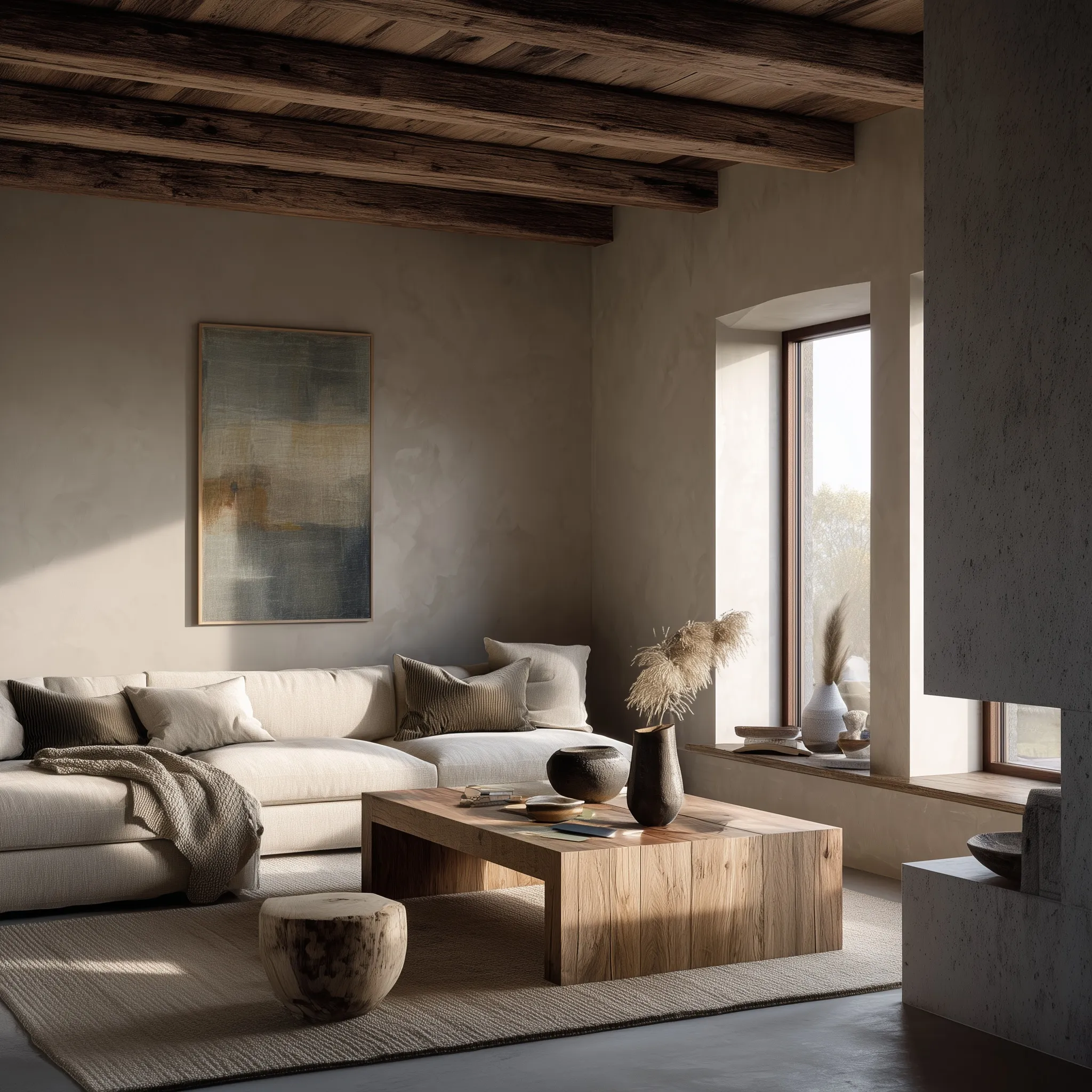 A calm, minimalist Wabi-Sabi living room with natural materials and Scandinavian-inspired slow living decor.