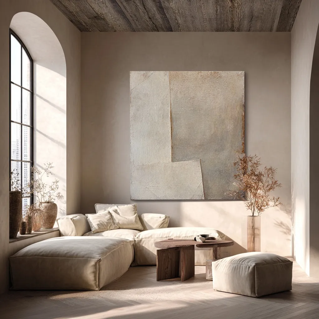 Minimalist abstract painting with geometric shapes in beige and tortora tones in a luxury Wabi Sabi living room.