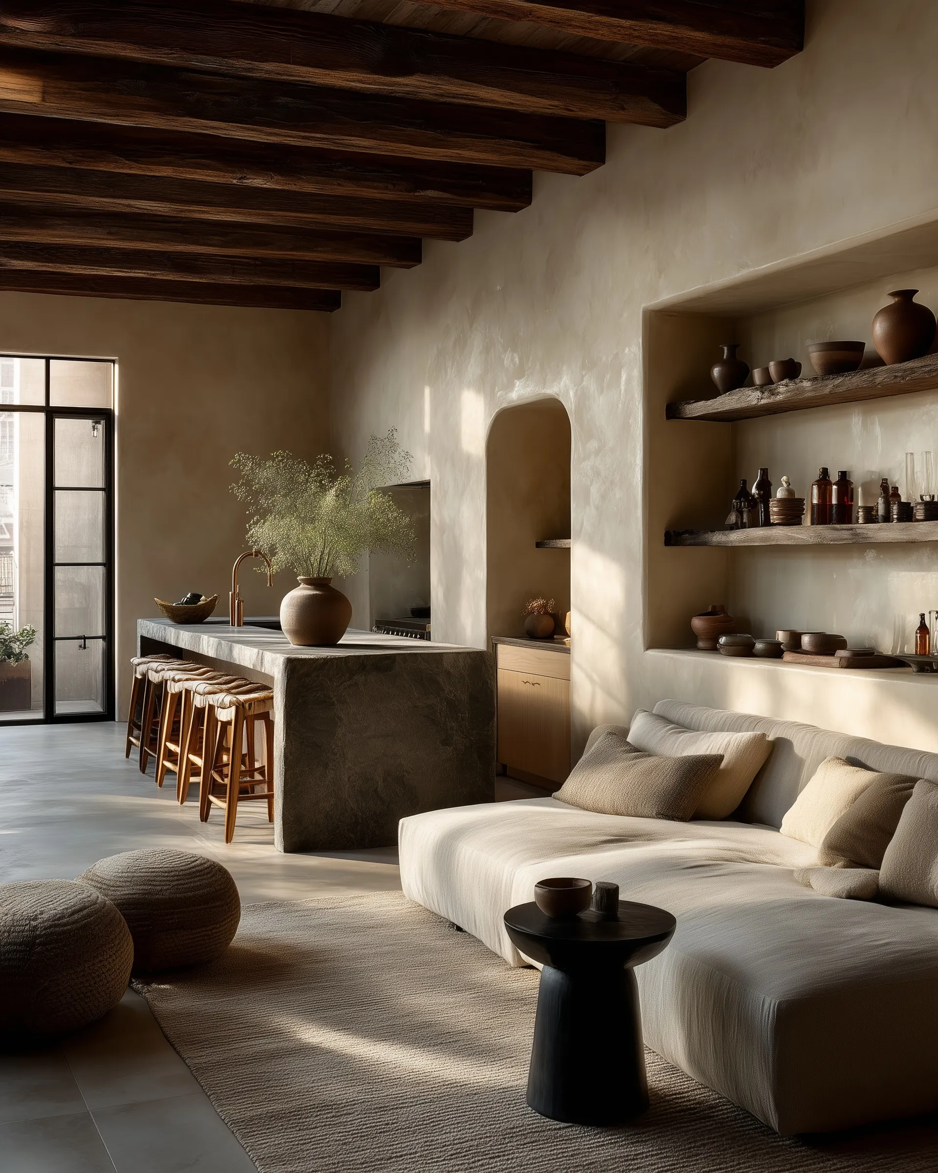 Minimalist wabi-sabi living room with dark wood beams, beige plaster walls, and handcrafted ceramic kitchen decor.