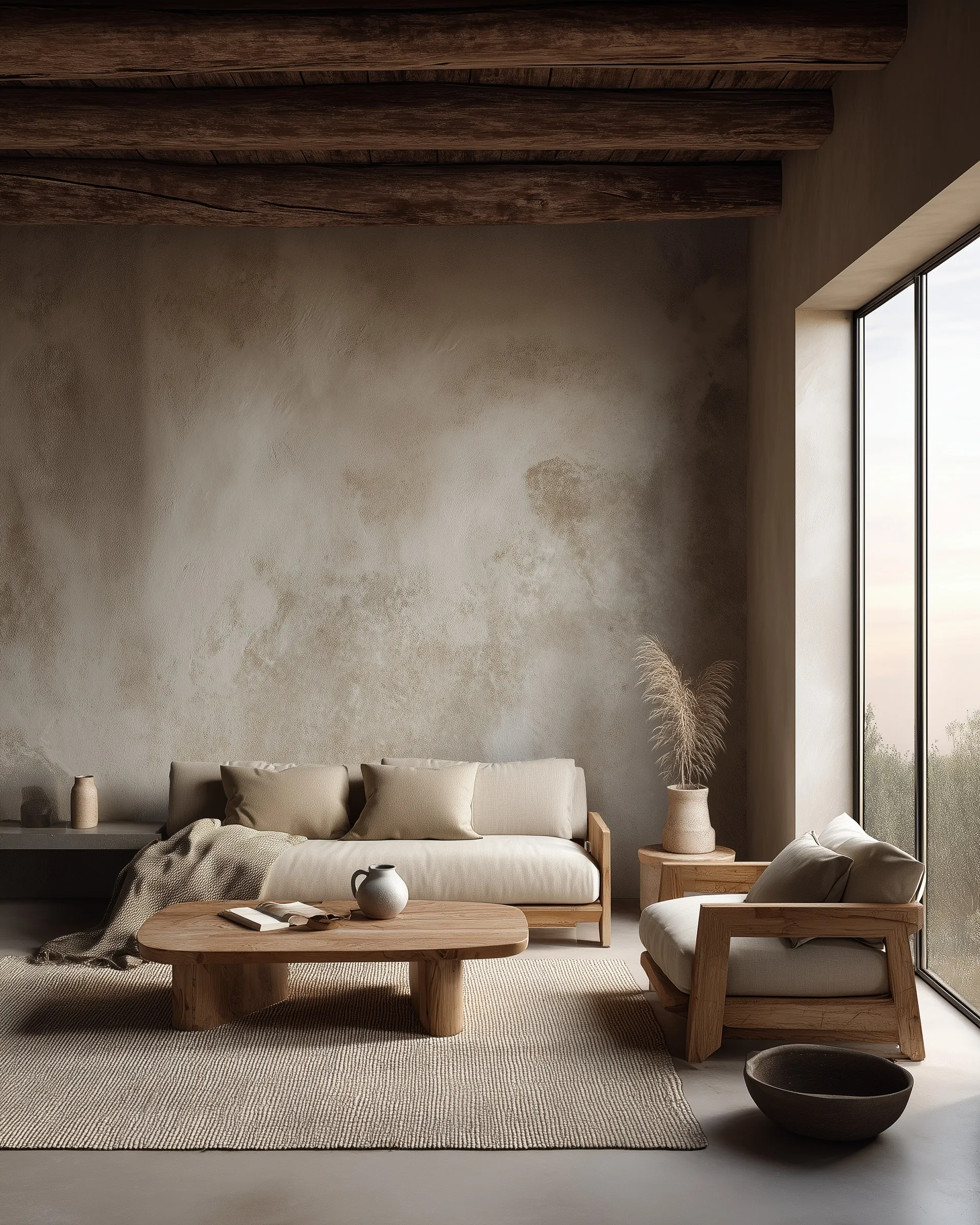 Minimalist wabi-sabi living room with beige concrete walls, neutral furniture, and soft natural light.