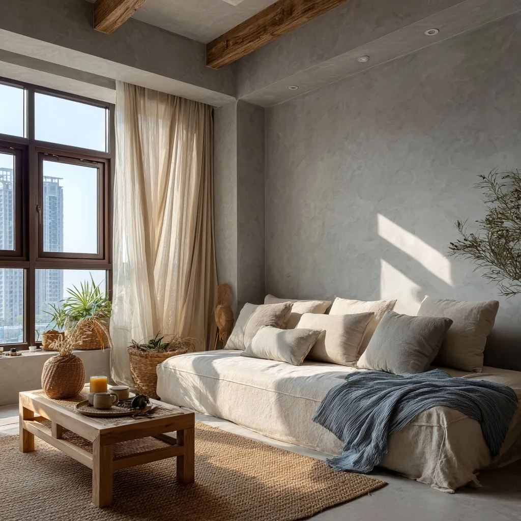 A bright Wabi Sabi living room with micro cement walls, beige linen sofa, and soft natural lighting.