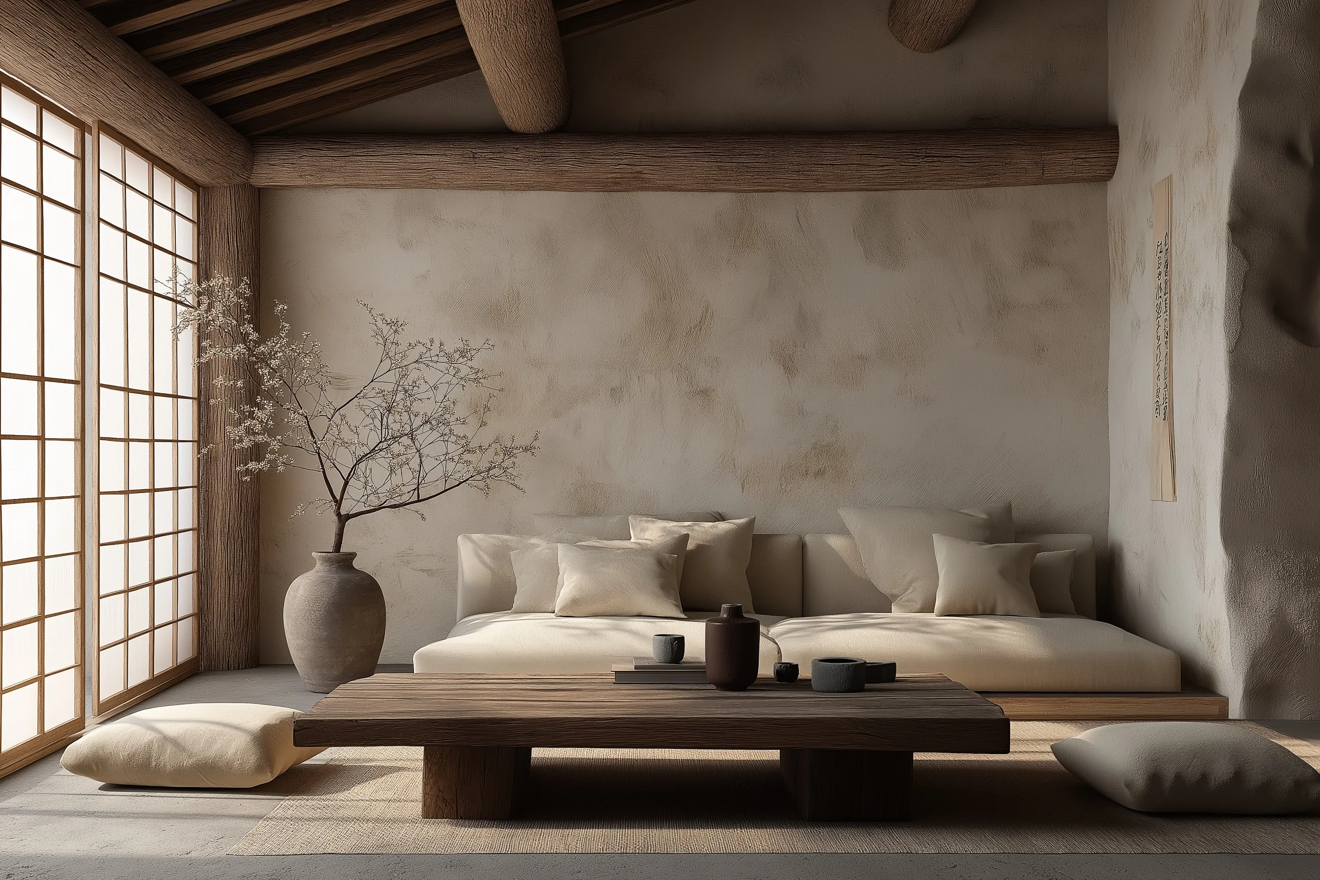 Minimalist Japandi living room with low wooden table, linen cushions, and textured plaster walls in warm earth tones.