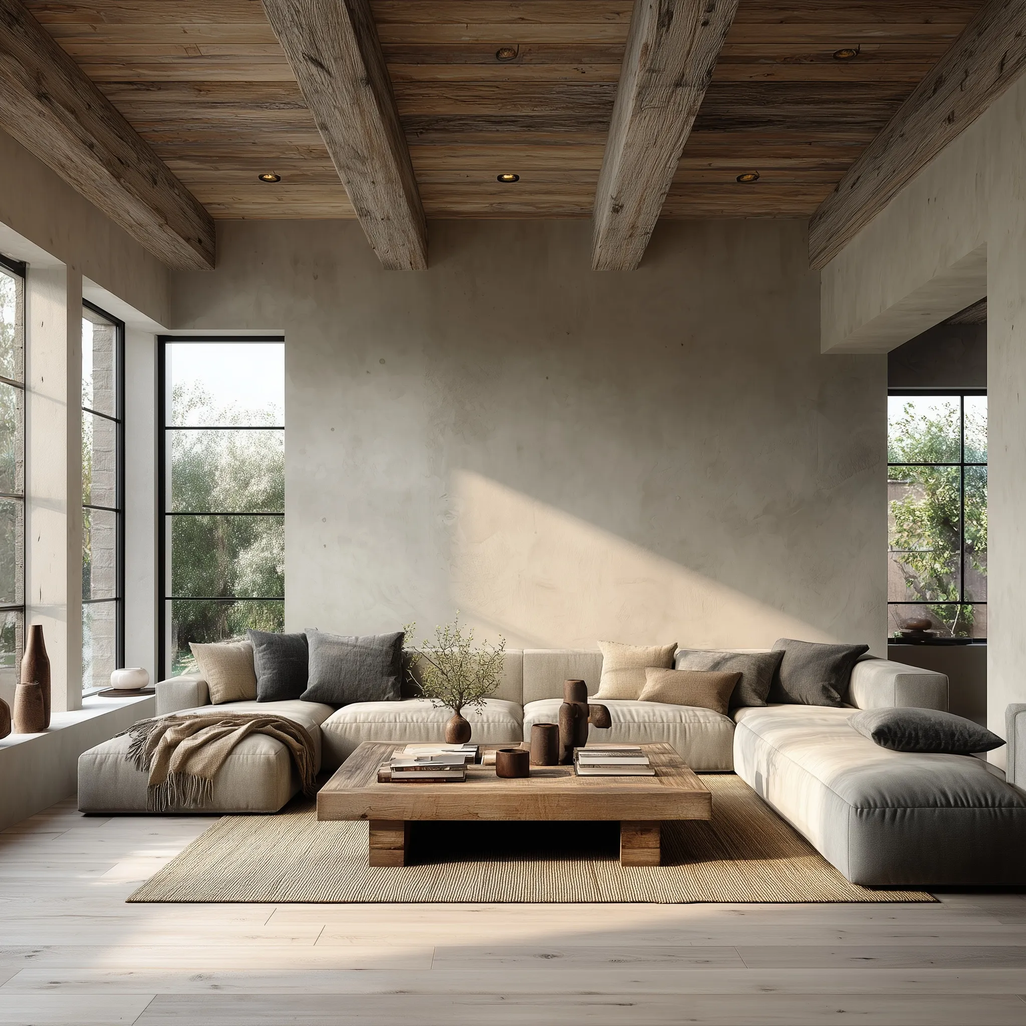 Minimalist Wabi-Sabi living room with beige sectional, wood beams, and a blank wall for architectural design mockup.