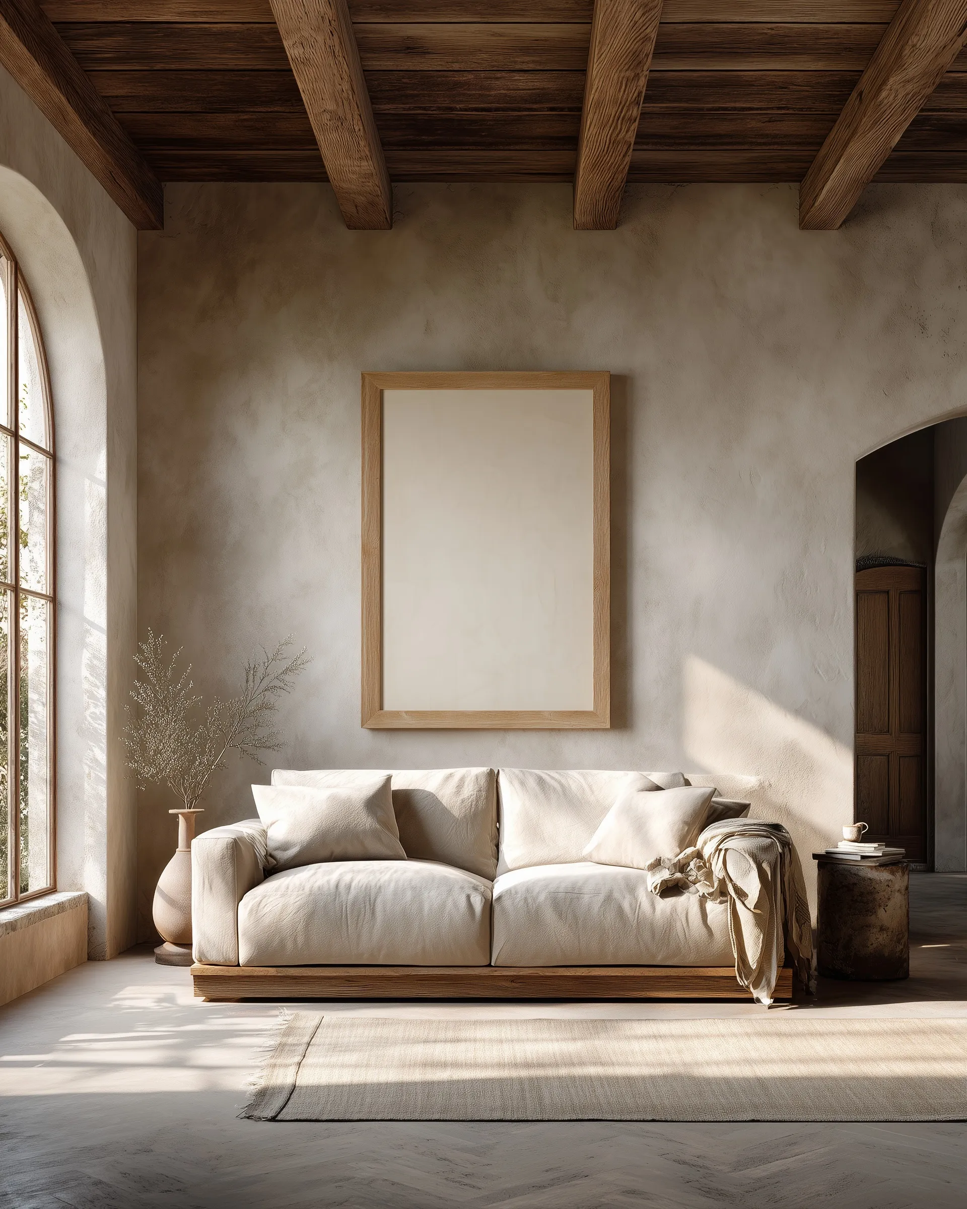 Photorealistic European farmhouse living room with linen sofa, textured plaster walls, and a large empty wall frame.
