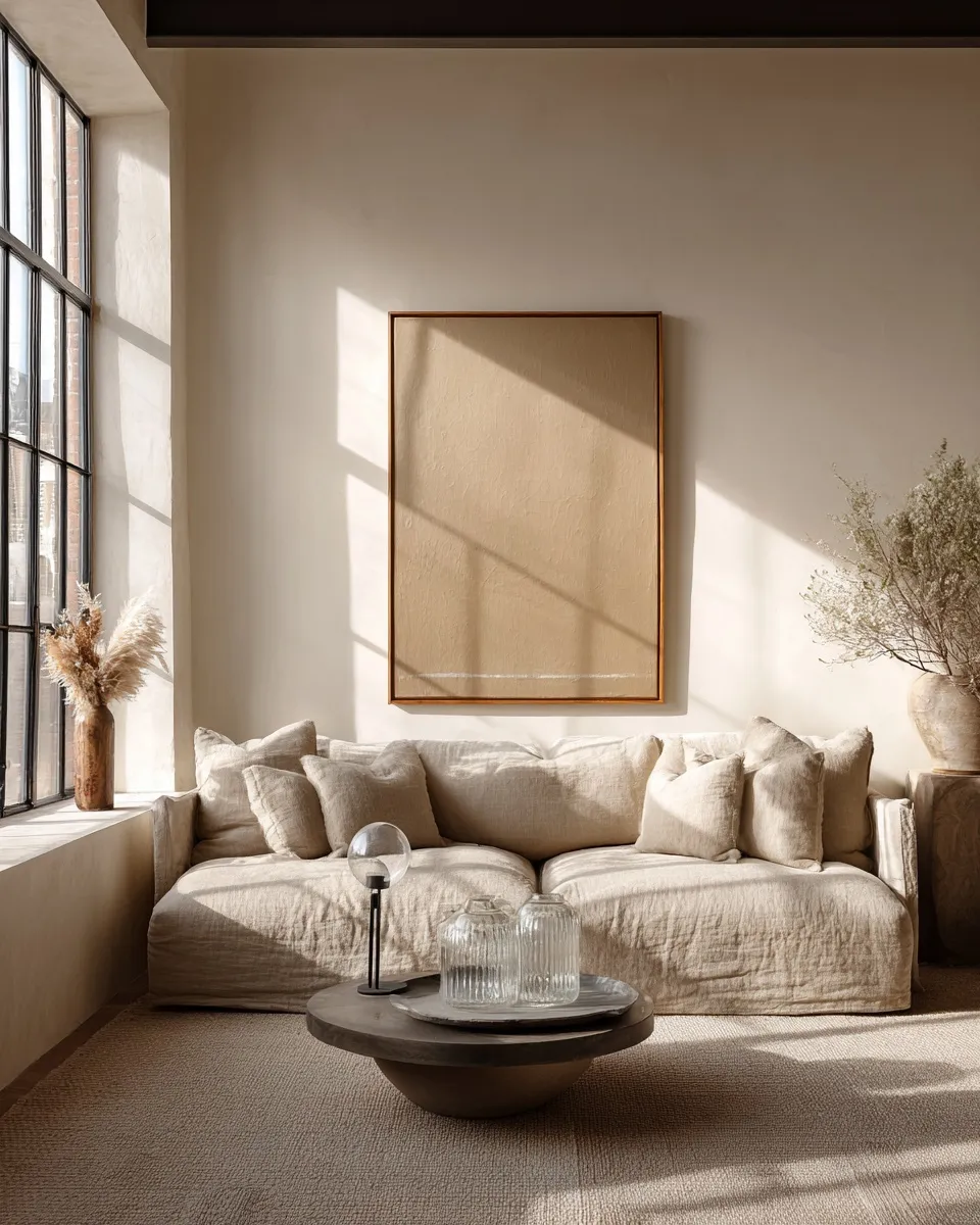 Modern minimalist living room with a beige linen sofa, round coffee table, and oversized art in natural sunlight.