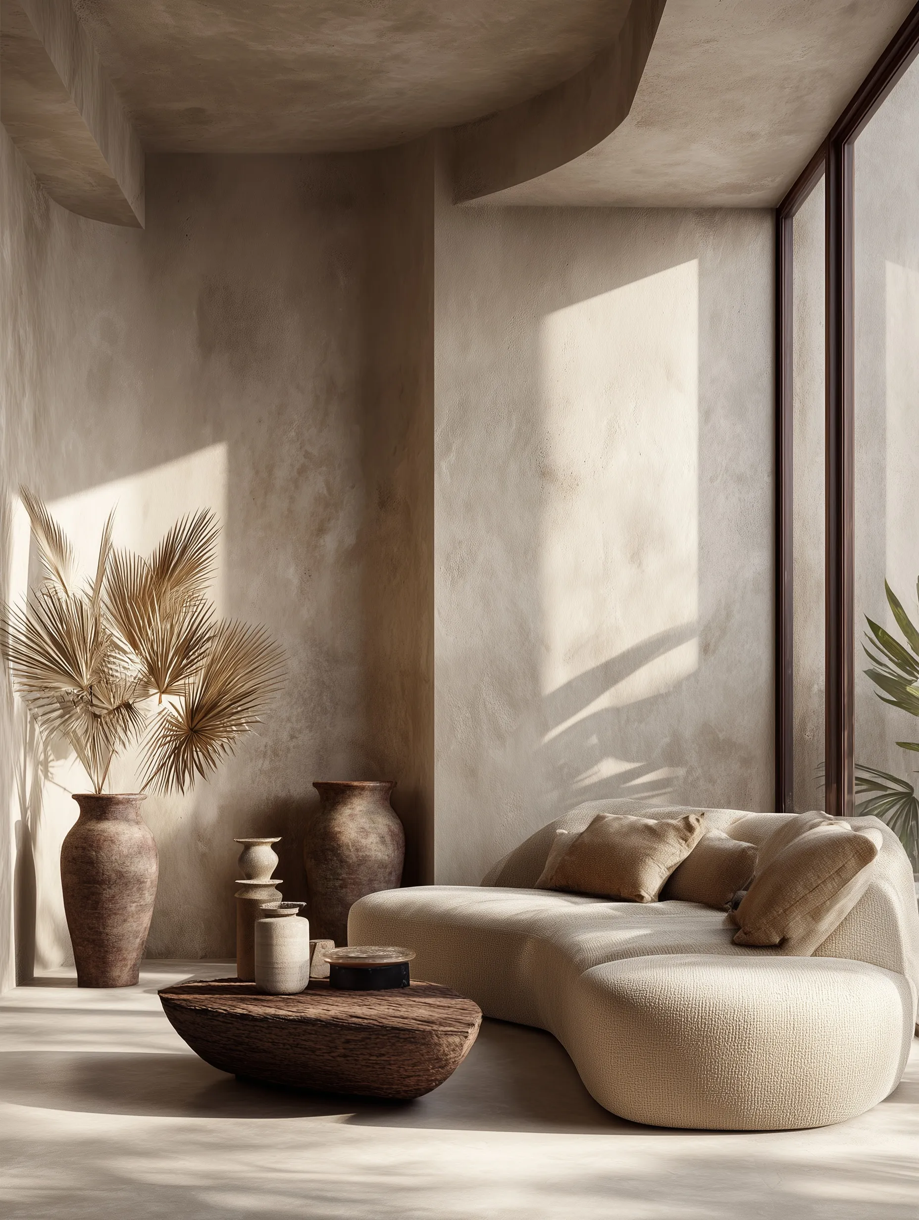 Minimalist Wabi-Sabi living room with beige curved sofa, travertine floors, and organic textures in warm sunlight.