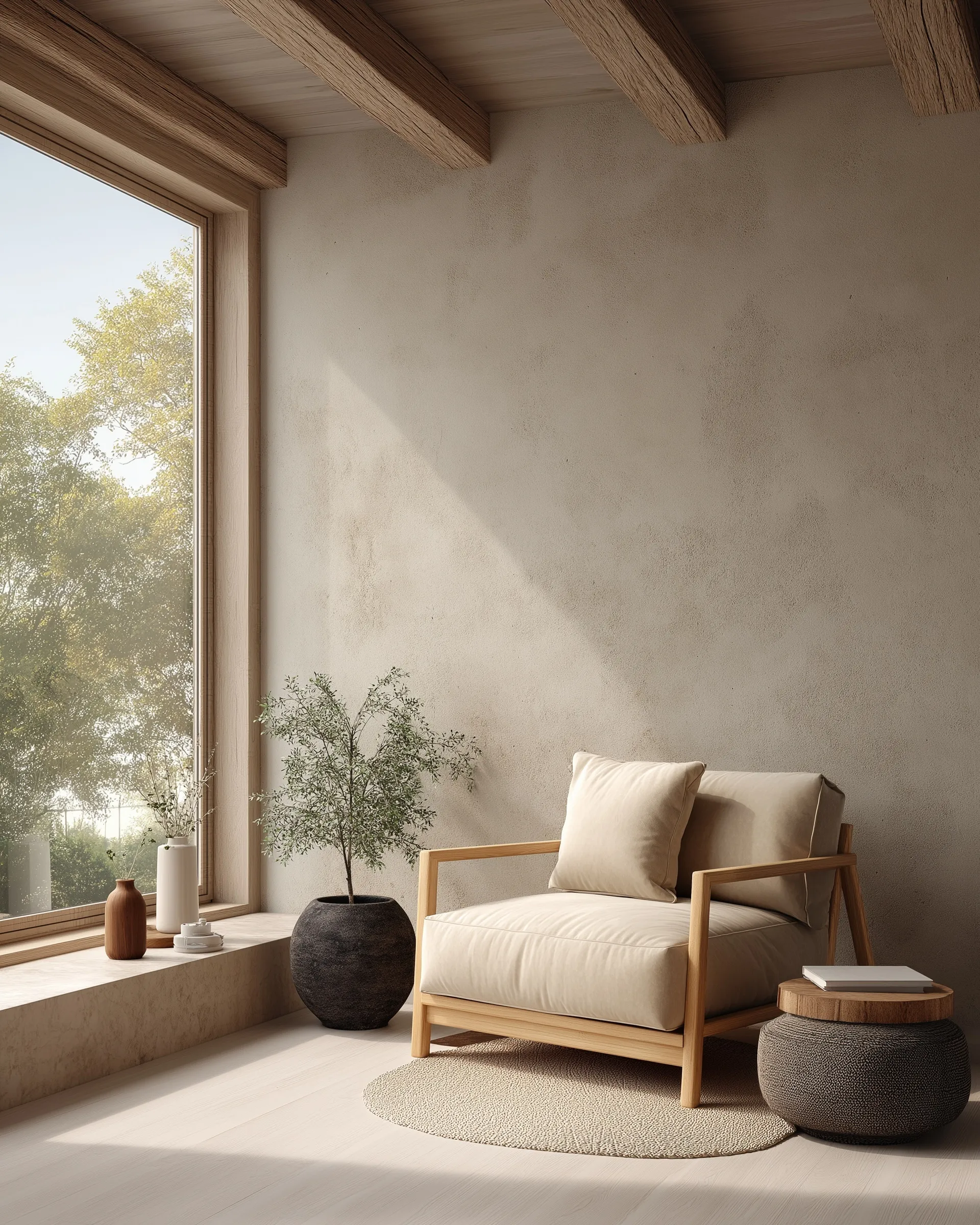 Minimal Scandinavian living room with textured beige plaster walls, oak furniture, and soft natural daylight.