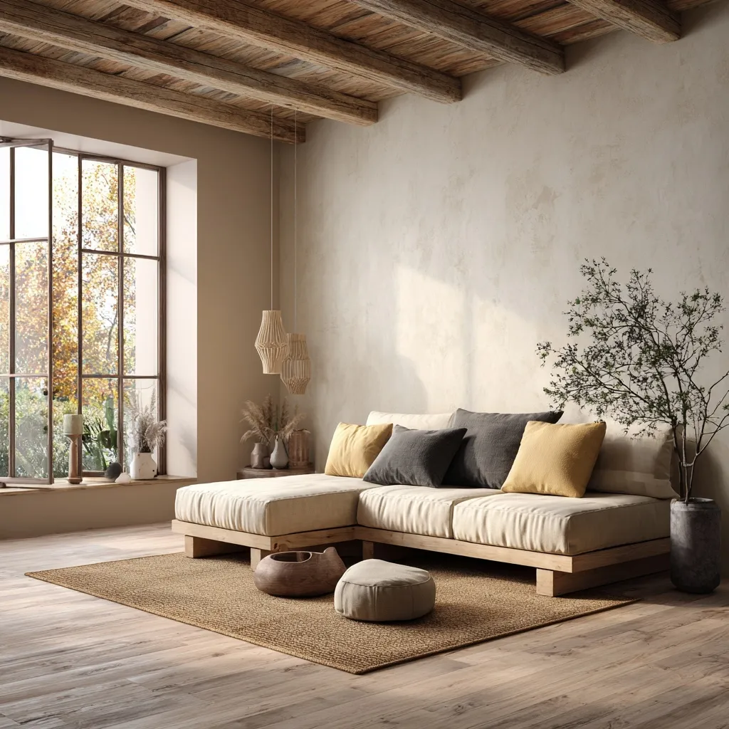 Minimalist Japandi living room with wooden floors, beige walls, jute rug, and natural light from a large window.