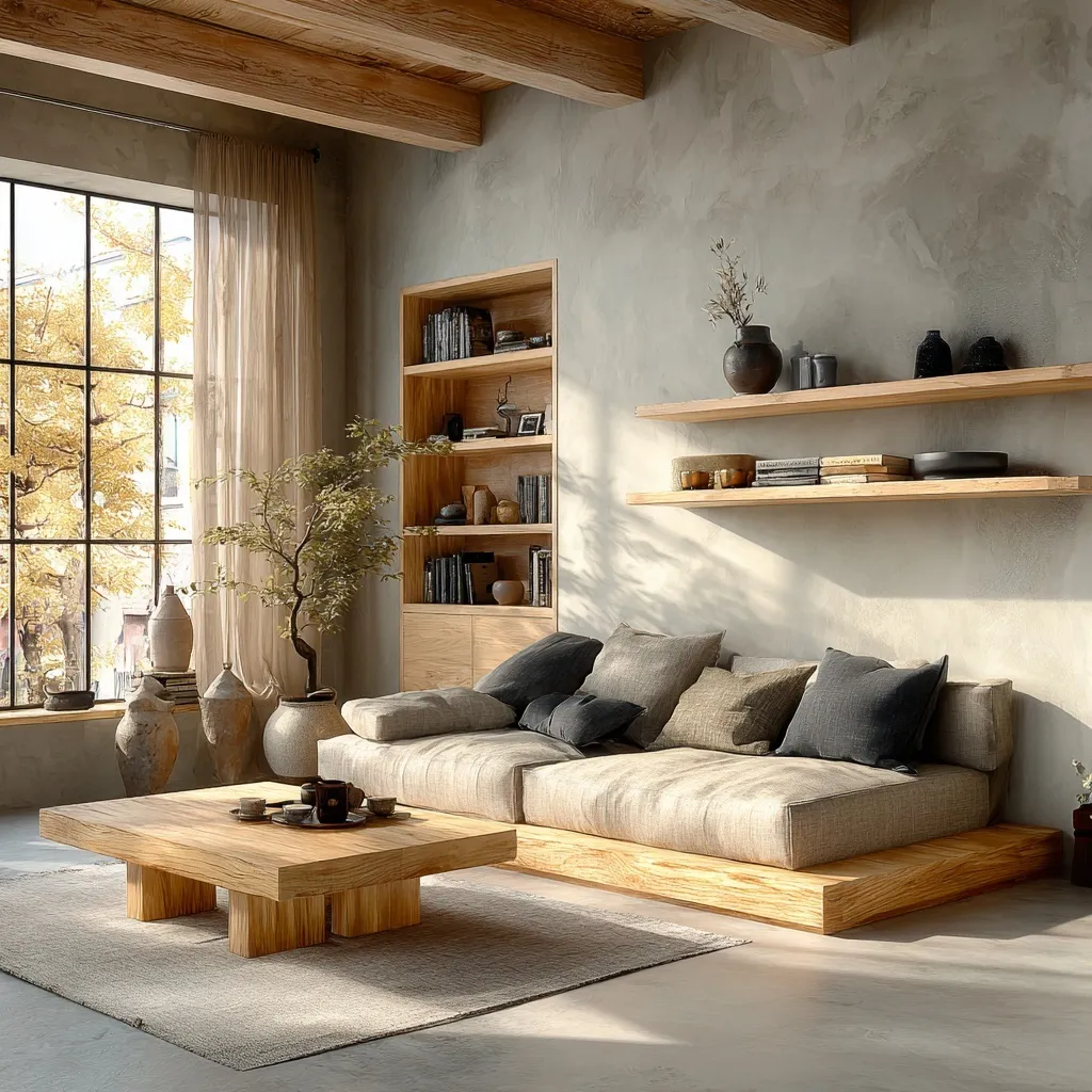 Minimalist Japandi living room with light oak wood furniture, neutral beige tones, and soft natural sunlight.