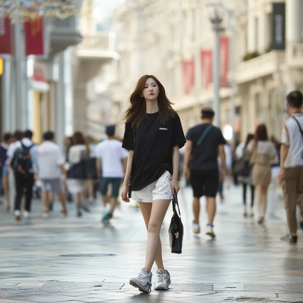 A stylish young Chinese woman in a trendy loose t-shirt and luxury shoes walking on a bustling European street.