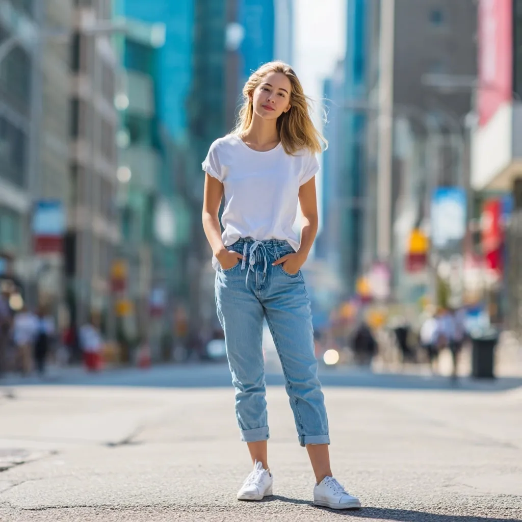 A young woman in modern casual walking attire standing on a vibrant European city street in natural lighting.