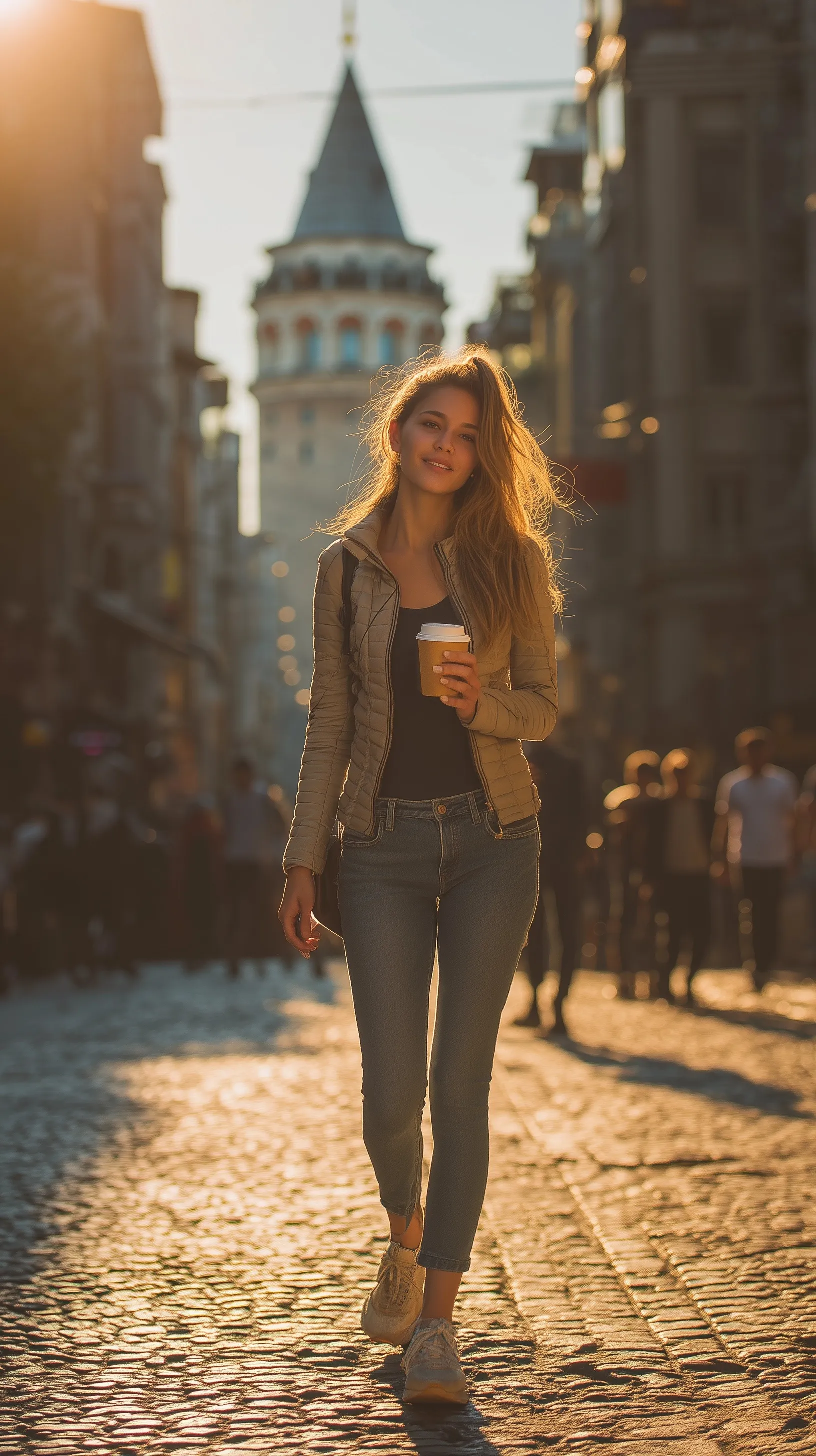 A young woman in a stylish casual walking outfit strolling past the historic Galata Tower in Istanbul.