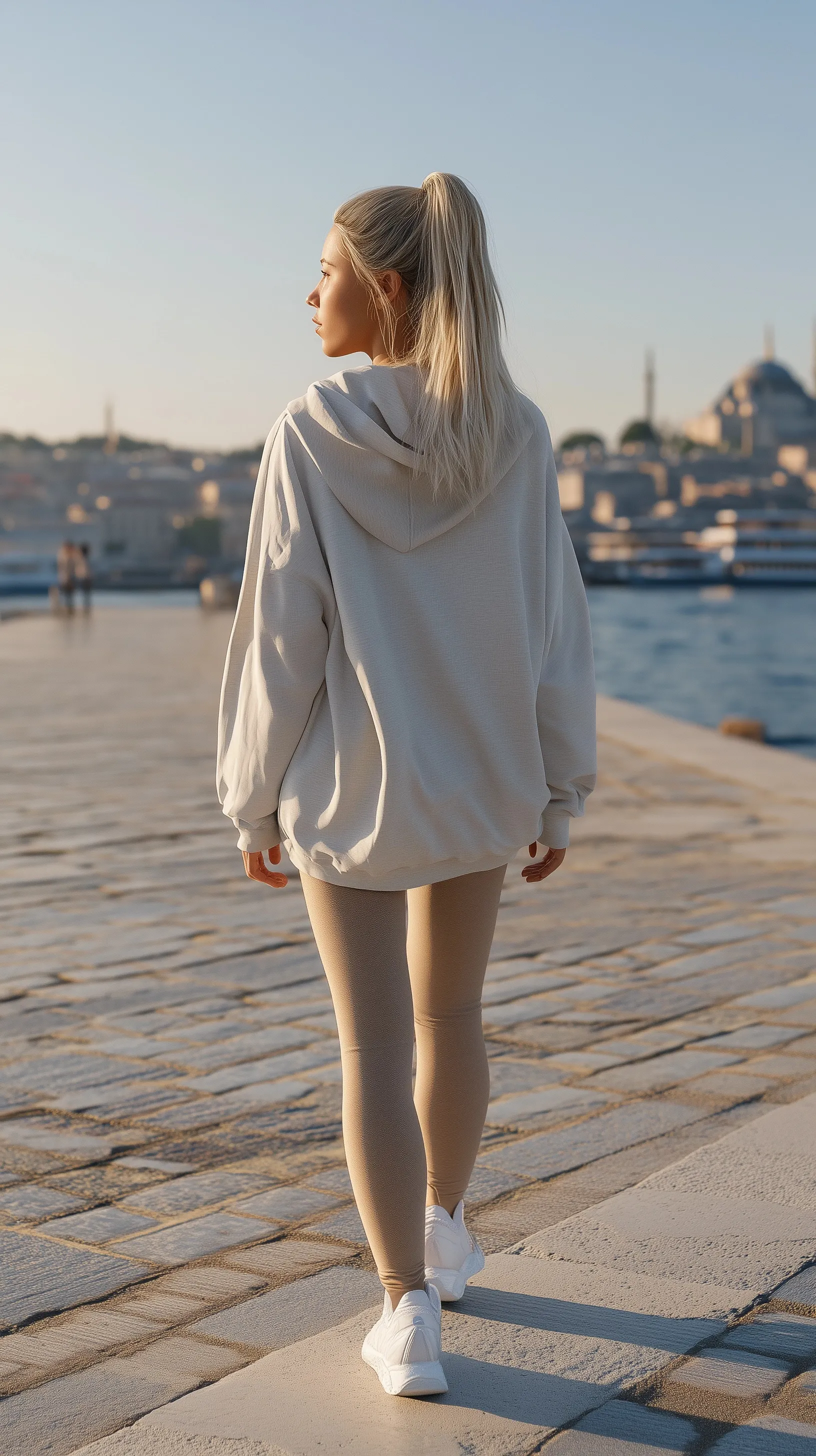 A blonde woman in an oversized hoodie and leggings walking on a sunlit European waterfront promenade at golden hour.
