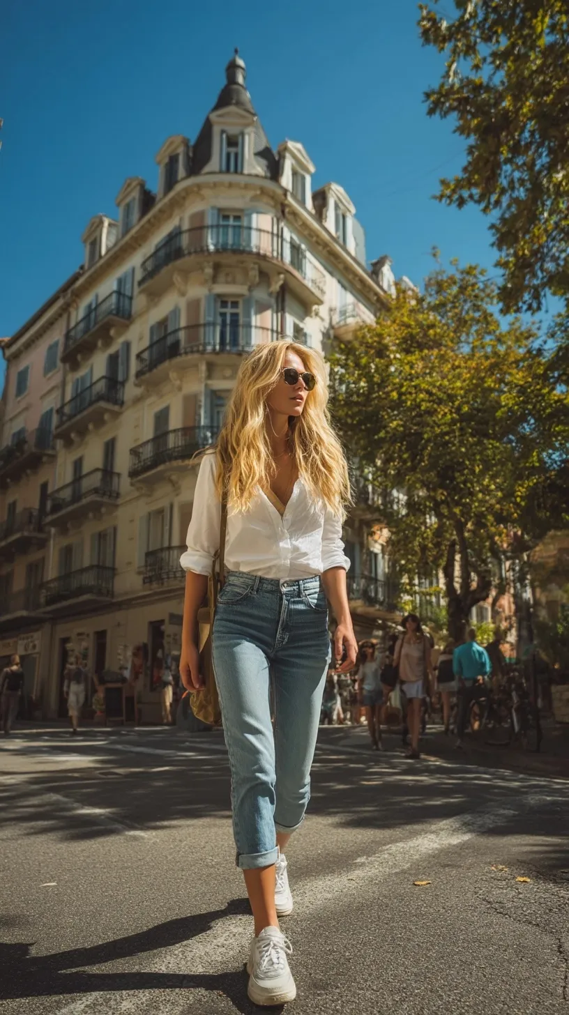 Stylish blonde woman in a white shirt and blue jeans walking on a European street in a luxury casual outfit.