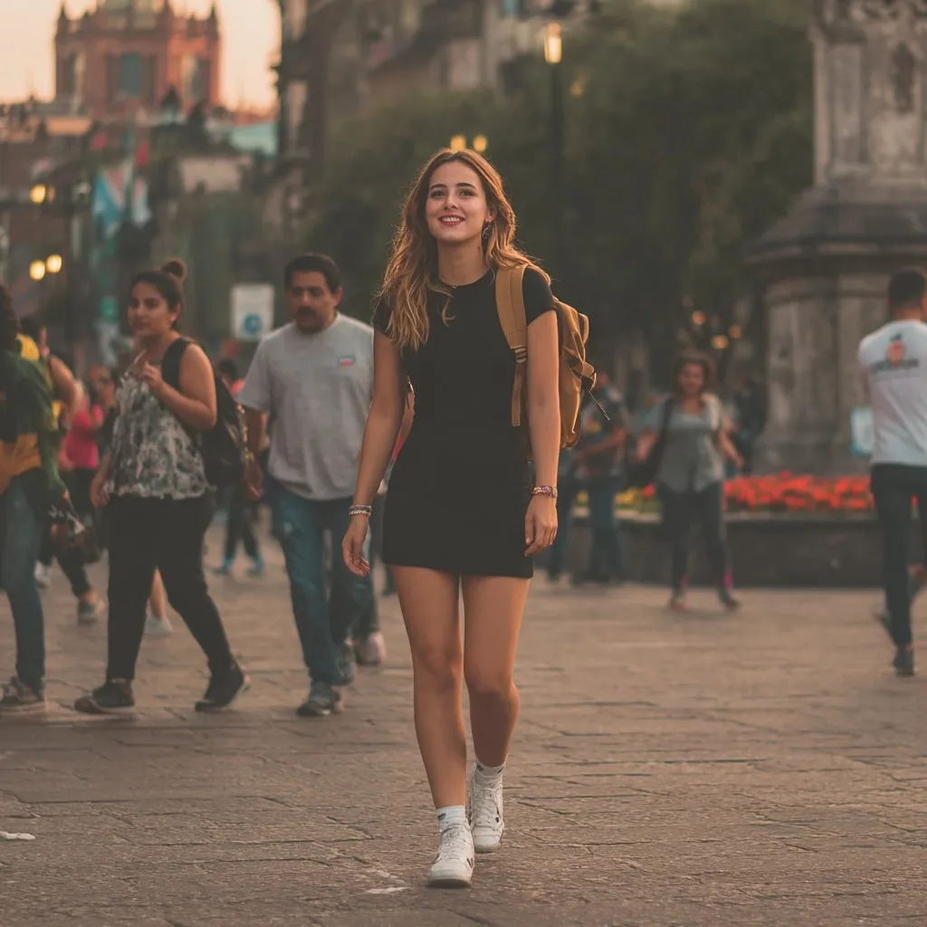 A smiling woman in a black dress and white sneakers walking through a busy Mexico City street at sunset.